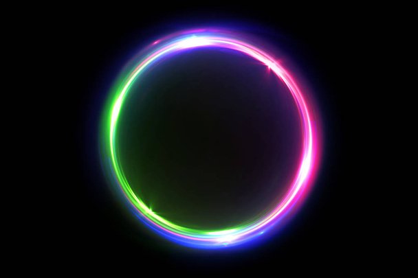 Astratto multicolore 3d illustrazione neon sfondo luminoso vorticoso cerchi incandescenti. Nero elegante. Halo in giro. Energia isolata. Particelle scintillanti.Tunnel spaziale. Ellisse di colore LED. Brillantini luccicanti
. - Foto, immagini