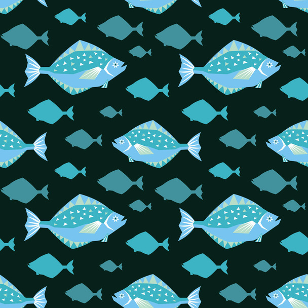 Seamless pattern in ethnic style with the image of northern species of fish. Colorful vector background. - Vector, Imagen