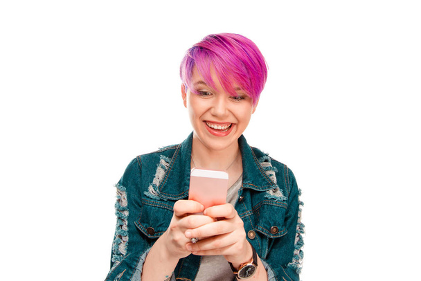 Excited woman with trendy smartphone - Photo, image