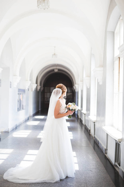 The bride in a beautiful wedding dress with a long veil stands in front of a large window and looks out the window - Photo, Image