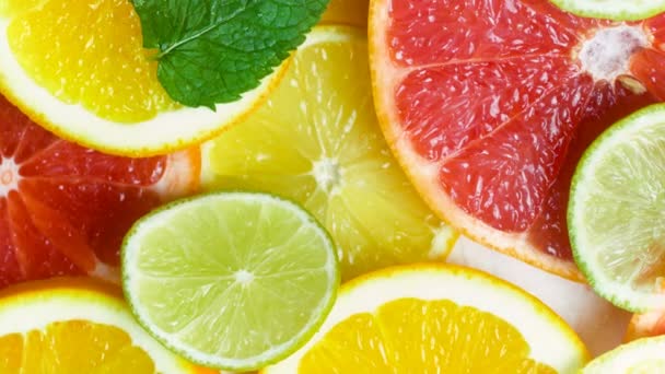 Closeup 4k footage of camera moving along slices of lemons, oranges, limes and grapefruits with mint leaves - Footage, Video