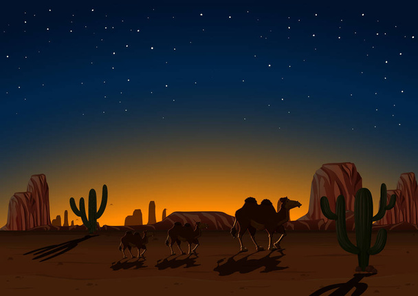 Camellos de silueta en el desierto por la noche
 - Vector, imagen
