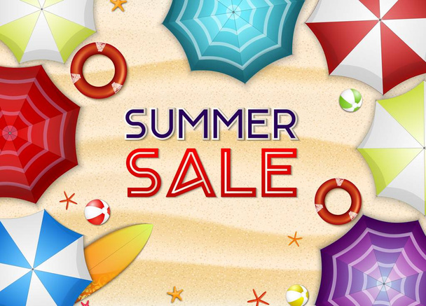 Illustration vectorielle du fond de vente d'été. Vue de dessus de nombreux parasols, planche de surf, bouée, étoile de mer et ballon de plage
 - Vecteur, image