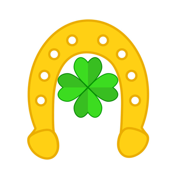 Silueta de herradura dorada y trébol de cuatro hojas como símbolo de la suerte
 - Vector, Imagen