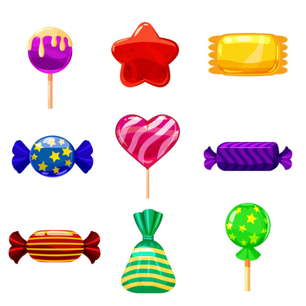 Set einzelne cartoon bonbons, lutscher, bonbons, desserts. Illustration, isoliert auf weiß. Cartoon-Stil - Vektor, Bild