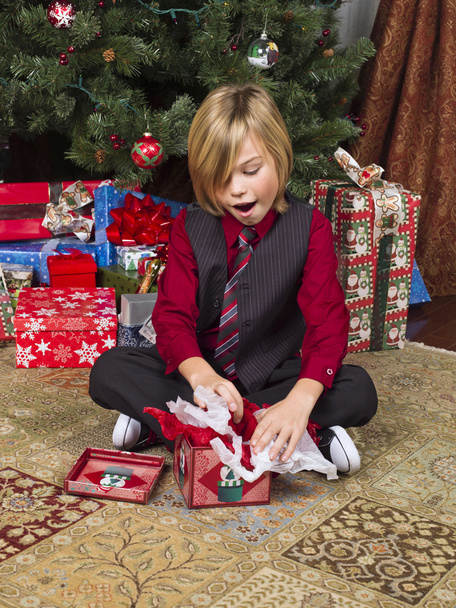 yllättynyt pre teini poika purku hänen joululahjansa
 - Valokuva, kuva