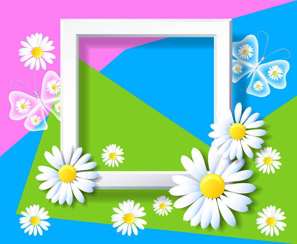 Hintergrund mit geschnittenem Papier und Rahmen mit Gänseblümchen und Butterblume - Vektor, Bild