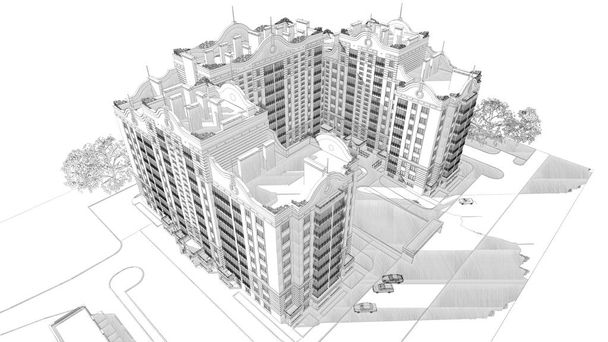 3D tužkou načrtnout obrázek moderní vícepodlažní bytový dům a krajiny design, pohled shora střecha - Fotografie, Obrázek
