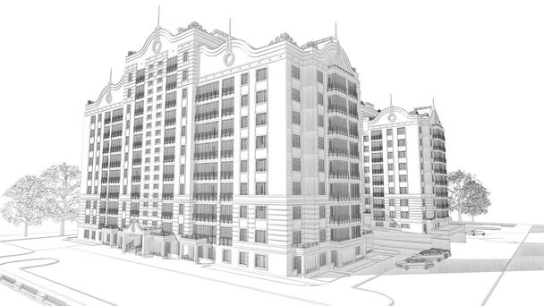 3D tužka skica ilustrace moderní vícepodlažní budova průčelí a nádvoří krajiny design exteriéru - Fotografie, Obrázek