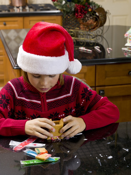 view of a boy making gingerbread house - Photo, Image