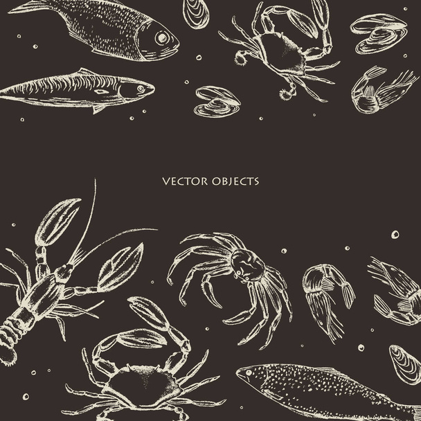 Ilustración vectorial. Alimentos de mar: pescado de mar, cangrejo, camarones y mejillones. Objetos vectoriales estilo tiza
. - Vector, Imagen