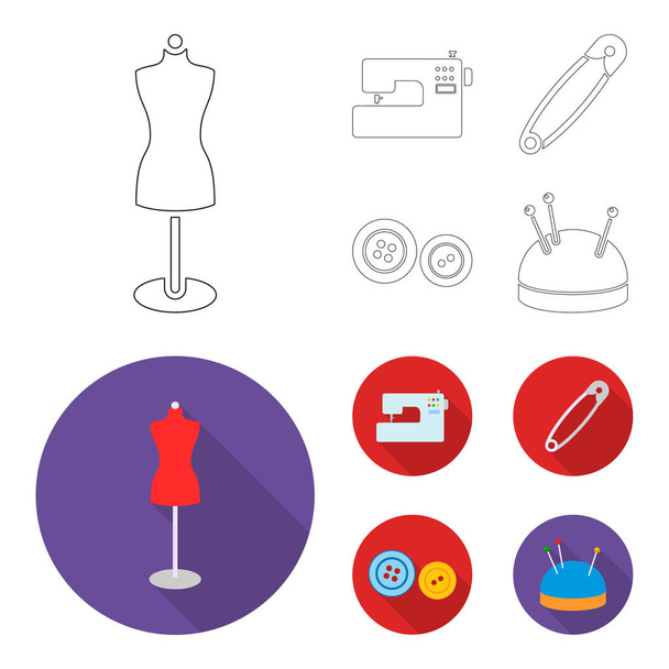Máquina de coser eléctrica, maniquí en el soporte, pin, buttons.Atelier conjunto de iconos de la colección en el contorno, plano estilo vector símbolo stock ilustración web
. - Vector, imagen