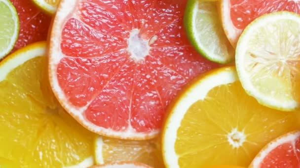 Slow-motion video van assortiment van verse citrusvruchten liggend op tafel - Video