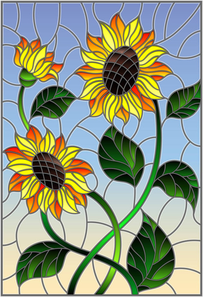 Иллюстрация в витражном стиле с букетом подсолнухов, цветов, бутонов и листьев цветка на синем фоне
 - Вектор,изображение