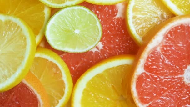 Slow motion footage of camera panning over fresh slices of citrus fruits - Footage, Video