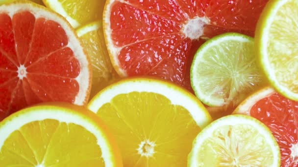 Closeup slow-motion beelden van dalende sinaasappel, citroen en grapefruit segmenten - Video