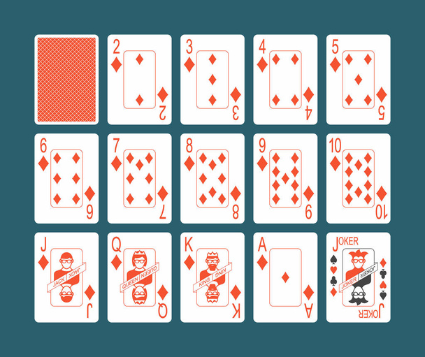 Juego de cartas de diamantes palo y espalda sobre fondo azul
 - Vector, Imagen
