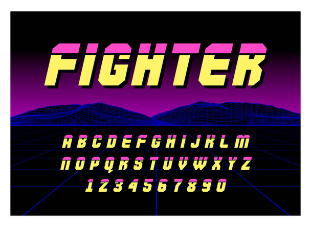 80-as évek Retro futurizmus stílusú betűtípus. Vektor ecset ecsetvonás ábécé. Retro futurizmus régi Vhs stílus. Futurisztikus Gaming vagy zene - Vektor, kép