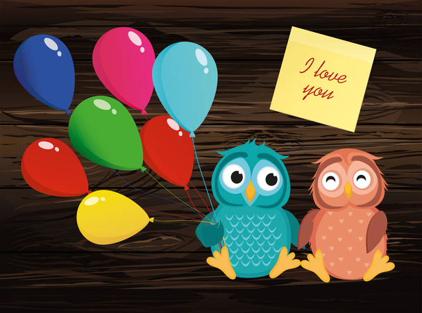 A pair of cute owlet  holding many colorful balloons. Yellow she - Vettoriali, immagini