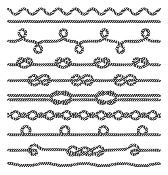 Gebreide en Twisted touwen twijgen met knooppunten realistische kleuren decoratieve rand instellen geïsoleerde illustratie - Vector, afbeelding