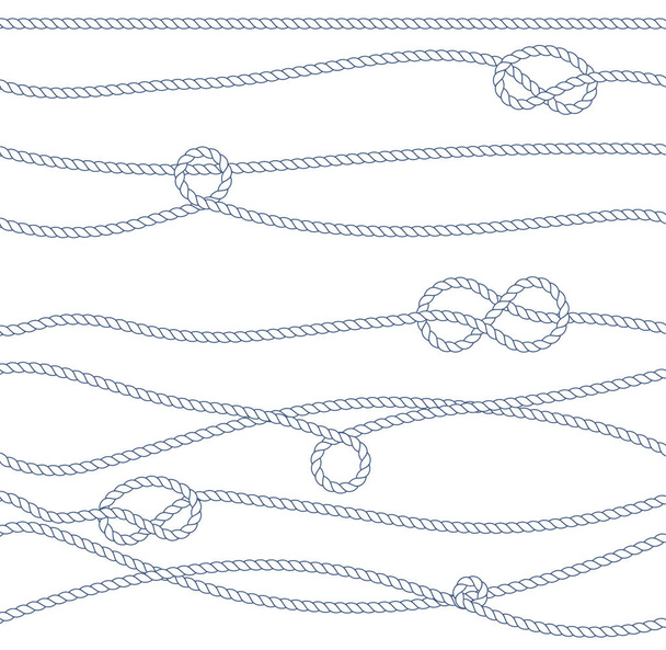 船舶用ロープと結び目のシームレスなパターンをベクトルします。白いロープ飾りと航海ノット。ファブリック、壁紙、ラッピングの.  - ベクター画像