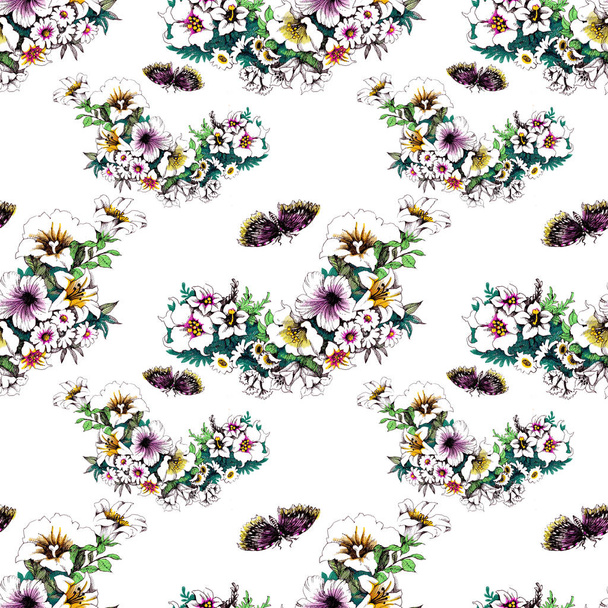 trendy floral seamless pattern with  butterflies - Foto, afbeelding