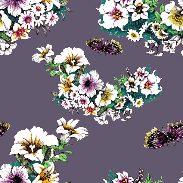 trendy floral seamless pattern with  butterflies - Foto, Bild