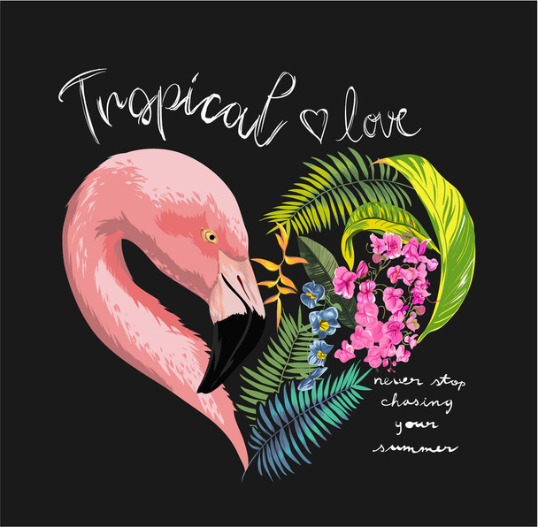 slogan tropical com flamingo e flor exótica em forma de coração
 - Vetor, Imagem