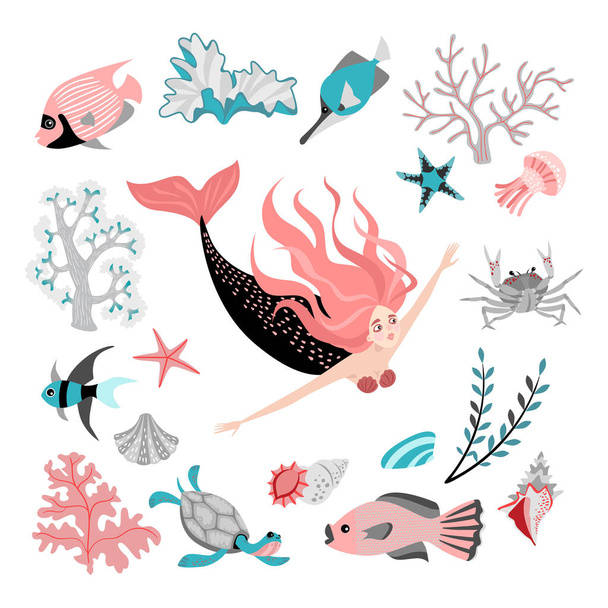 Sirena de dibujos animados rodeada de peces tropicales, animales, algas y corales. Personaje de cuento de hadas. Vida marina
.  - Vector, imagen