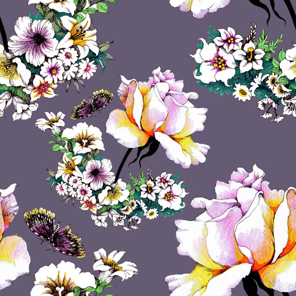 trendy floral seamless pattern with  butterflies - Zdjęcie, obraz