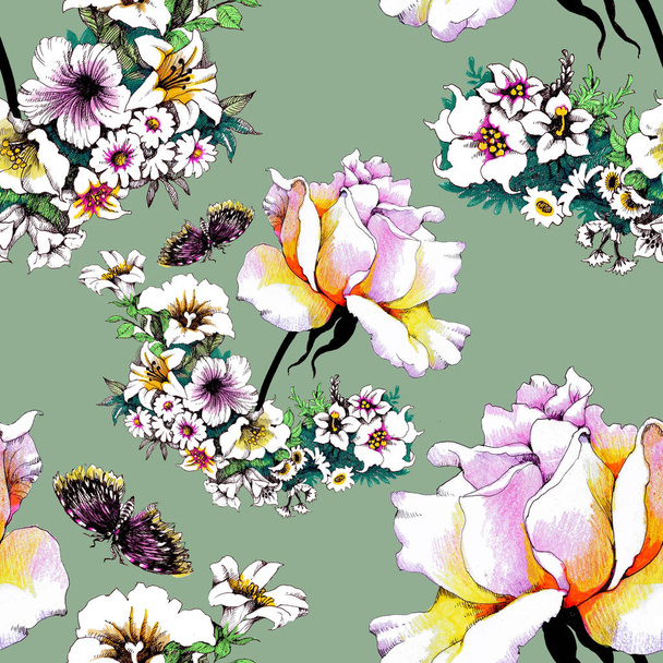 trendy floral seamless pattern with  butterflies - Фото, изображение