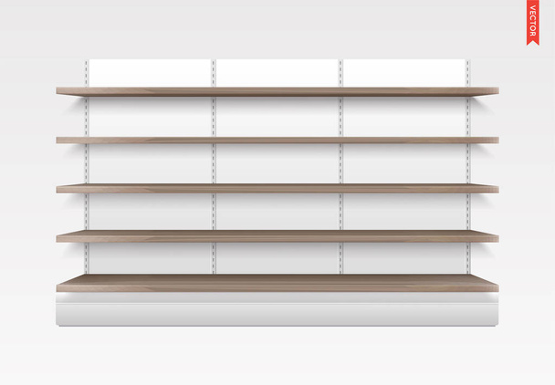 Empty Vector Store Shelves. Wood Material. Showcase Display. Retail Shelf Rack with Back. - Vector, Image