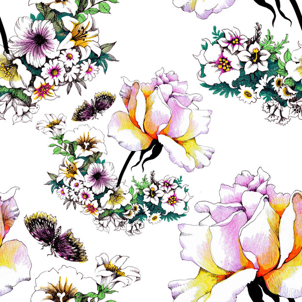trendy floral seamless pattern with  butterflies - Foto, Imagen