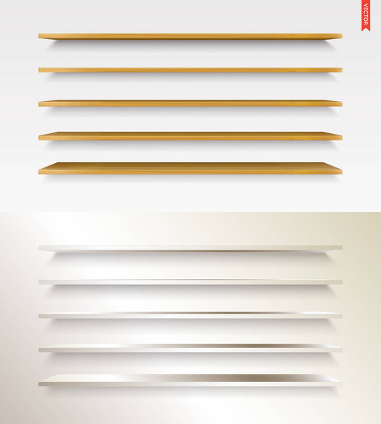 Σύνολο από γυαλί, ξύλο, πλαστικό, μέταλλο μακρά ράφια σε απομονωμένη στο φόντο τοίχο διάνυσμα - Διάνυσμα, εικόνα