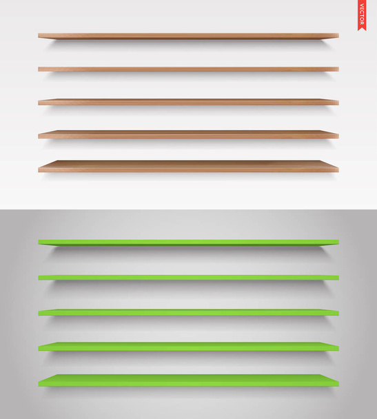 Set of Glass, Wood, Plastic, Metal Long Shelves in Vector Isolated on the Wall Background - Vector, Image