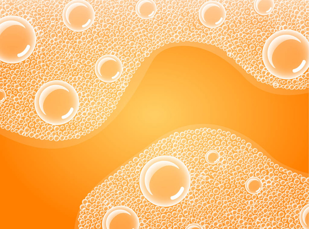 Soap Bubbles in Bath or Sud. Vector. Transparent Foam on Orange Soda water background. - Vector, Image