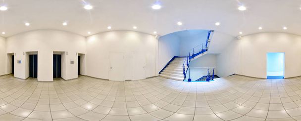 Spherical 360 degrees panorama projection, in interior empty long corridor with doors and entrances to different rooms and lift. - Photo, Image