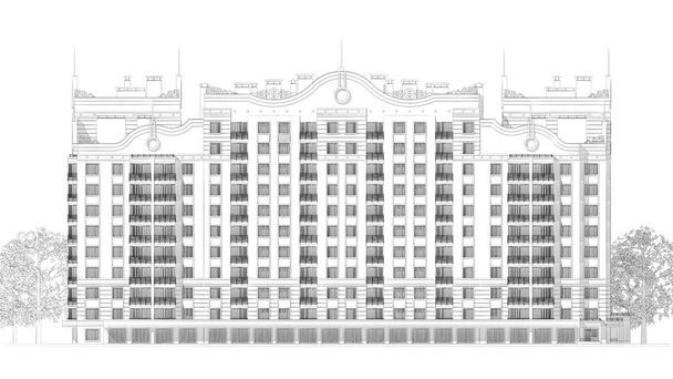 3D-s ceruza vázlatot ábra egy modern sokemeletes épület külső homlokzat és udvari táj design - Fotó, kép