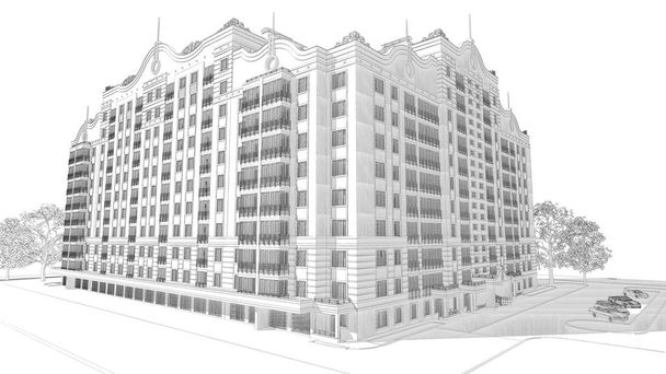 3D ołówek szkic ilustracja nowoczesny budynek wielopiętrowy zewnętrzne elewacji i stoczni krajobrazu - Zdjęcie, obraz