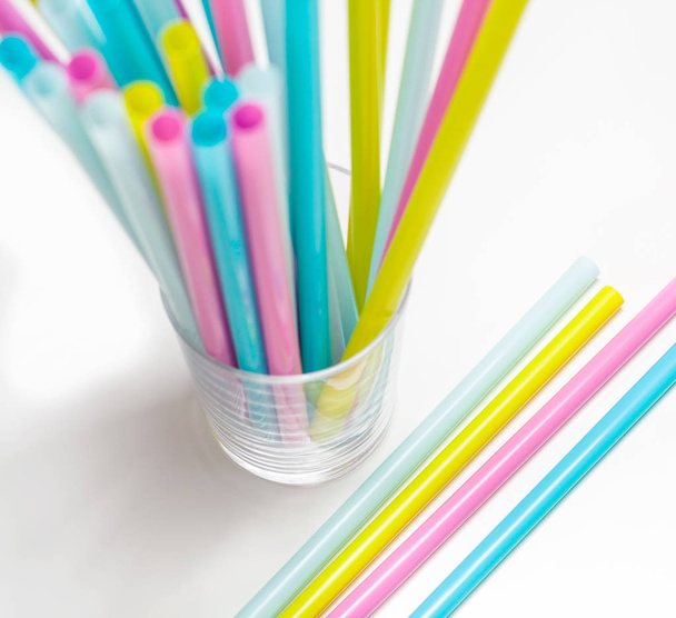 pastel colored drinking straws, on white background - Photo, Image