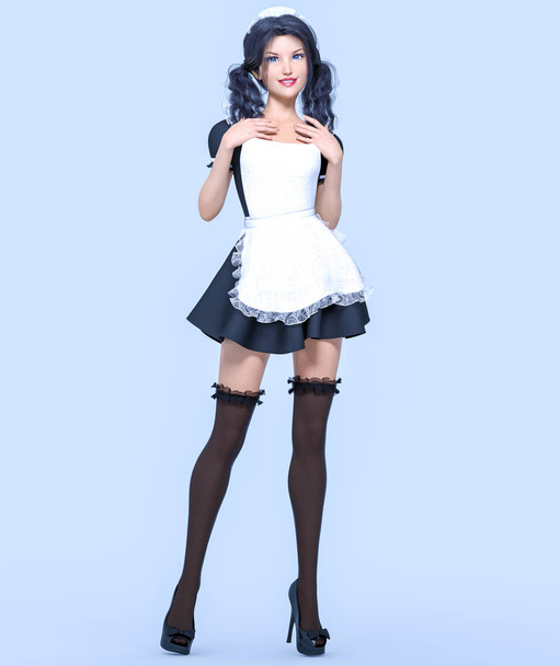 3D beautiful young attractive girl maid in black dress, stockings and white apron. Woman in uniform. Woman studio photography. High heel. Conceptual fashion art. Seductive candid pose. Realistic render illustration. Isolate. - Fotó, kép