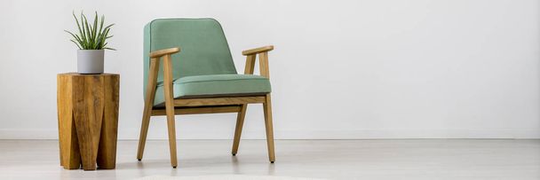 Mint retro armchair and plant on wooden, small table in simple living room interior - Photo, image