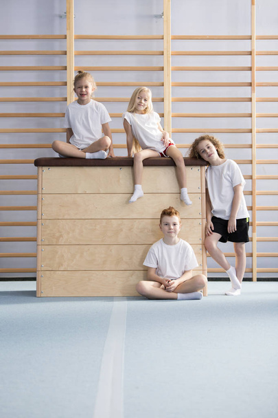 Grupo de crianças felizes em roupas esportivas sentadas em uma caixa de abóbada de madeira
 - Foto, Imagem