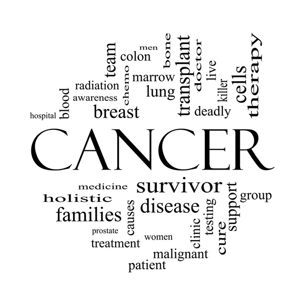 Conceito de nuvem de palavras de câncer em preto e branco
 - Foto, Imagem
