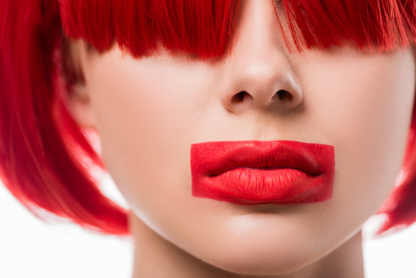 cropped image of woman with red hair and red lips in shape of rectangle isolated on white - Foto, afbeelding
