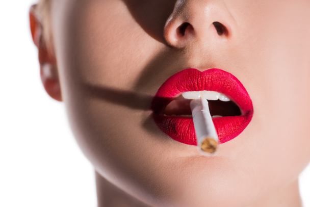 cropped image of woman with makeup smoking cigarette isolated on white - Photo, image