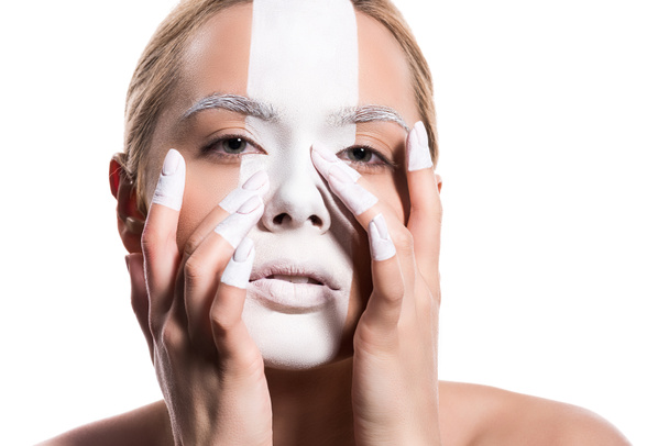 beautiful woman with white paint on face and fingers isolated on white, body art - Φωτογραφία, εικόνα