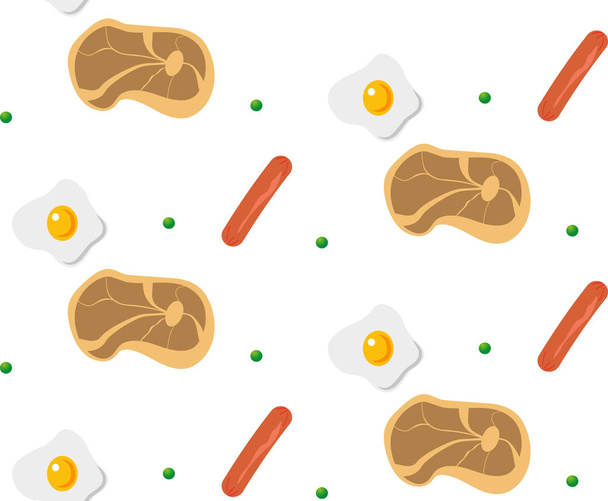Patrón con comida: bistec, salchichas, huevos fritos y guisantes
 - Vector, imagen