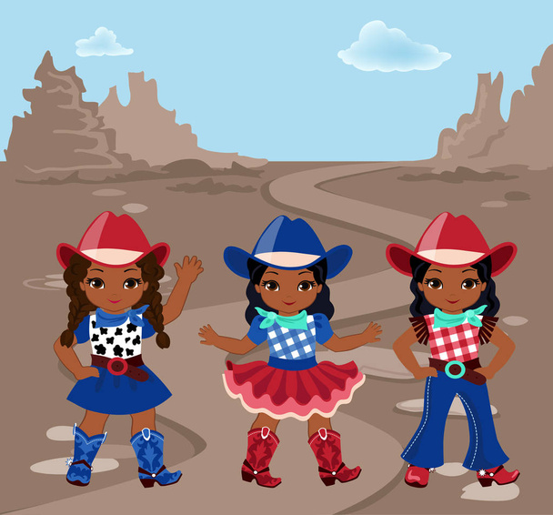 Три девочки ковбой на фоне скалистой пустыни. Векторная иллюстрация в стиле Дикого Запада
. - Вектор,изображение