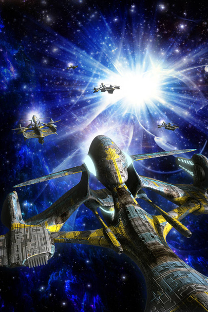 alien spaceship swarm 3D render science fiction illustration - Photo, Image